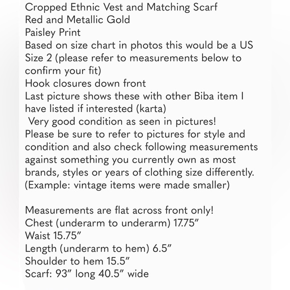 3 Piece Set Red Gold Karta Tunic Thigh Slit Matching Vest and Scarf 32 34 US 2 4 - Picture 16 of 16